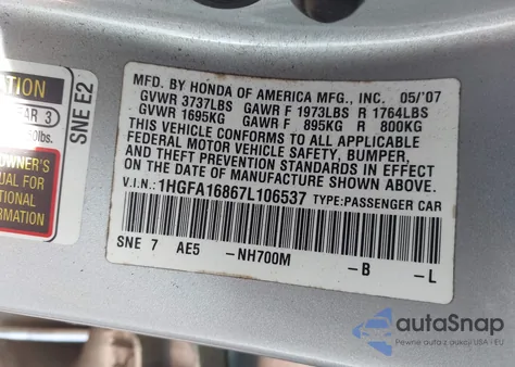 2007 Honda Civic Ex из США, поврежденный, VIN 1HGFA16867L106537